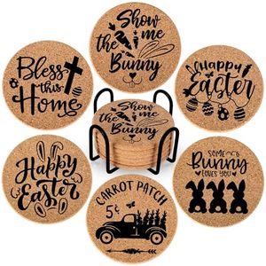 <b>Round</b> Cork Coasters Set Easter Theme Novelty Design Reusable <b>Mats</b> with Stand 5mm Thick - Product Image 1
