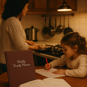 LABON Agenda familial hebdomadaire en lin <span class=keywords><strong>marron</strong></span> avec écriture dorée Organisateur à couverture rigide Livre d'horaire <span class=keywords><strong>neutre</strong></span> élégant pour les mamans ou le bureau - Product Image 5