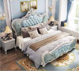 Lit royal élégant sur mesure de style européen du milieu du siècle, moderne, avec 2 tables de chevet, revêtement en cuir, bois de teck massif, meubles de maison - Product Image 6