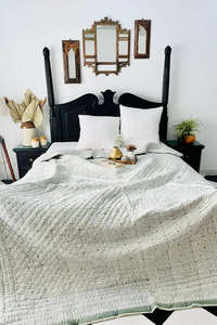 Sage Green Geometrical Hand Block Print Reversible <b>Quilt</b> 200 GSM Cotton Filled Hand Stitched 90 X108 Inches Luxury <b>Bedding</b> <b>Quilt</b> - Product Image 3