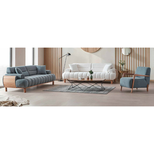 Modern 3-Seater <b>White</b> Boucle <b>Sofa</b> Set Wooden Legs Minimalist <b>Design</b> Reclining Convertible Includes Cushions Storage for Living - Product Image 3