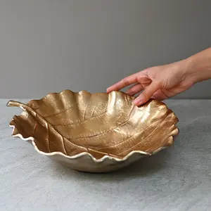 TW, nuevo diseño, cuenco/plato poco profundo en forma de hoja de oro con diseño de hoja de vena, mesa de aluminio plisado dorado - Product Image 2