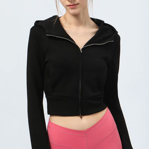 Femmes personnalisé imprimé haut court à capuche Streetwear col roulé fermeture éclair courte hiver coupe-vent 100% coton sport Fitness avant - Product Image 6