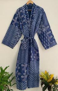 Handmade Blue Indigo Kantha <b>Robe</b> 100% Cotton Bath Kimono Indian Traditional for Spring Summer Wholesale Supply - Product Image 3