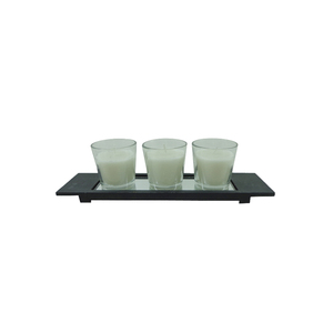 Plateau en métal avec 3 bougeoirs votifs en verre gris délavé au design moderne pour le salon et la décoration de table faits à la main - Product Image 5