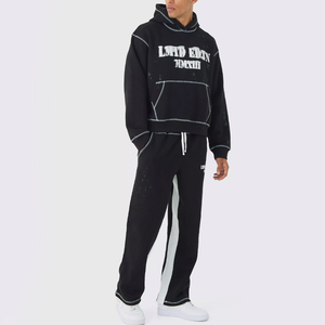 Survêtement Streetwear noir délavé à l'acide avec impression personnalisée Sweat à capuche surdimensionné et pantalon évasé à rayures contrastées Survêtements à pull - Product Image 3
