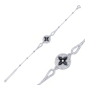 Round Shape Flower Black Enamel <b>Charm</b> Bracelet Turkish Wholesale Handcrafted Fine 925 Sterling Silver Jewelry - Product Image 5
