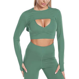 Soft Breathable Long Sleeve Solid Workout High Elastic 3-Piece Set Stylish Crop Hoodies Comfortable <b>Leggings</b> Supportive - Product Image 1