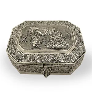 New arrival antique handmade silver plated fine carving box with radha krishna engraving for tissue and mouth fresher box