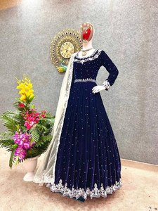 Hoàng Gia Màu Xanh anarakali georgette Saree Dài Lụa Rayon cộng với kích thước pakistani tiệc cưới giá thấp Chất lượng cao - Product Image 4