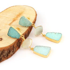Designer Three Stone Drop Dangle <b>Earrings</b> Sky Blue Sugar Druzy <b>Mother</b> <b>Pearl</b> Brass Gold Plated Fashionable Wear for Weddings - Product Image 3