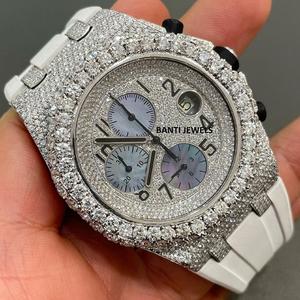 Montre chronographe de luxe sertie de moissanite avec bracelet en caoutchouc blanc, bijoux hip-hop, montre en diamant moissanite VVS - Product Image 1
