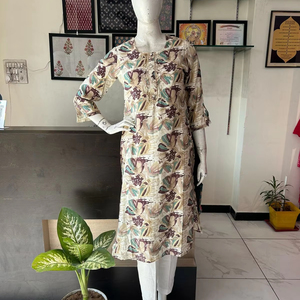 Moda urbana India pakistaní ropa muselina Kurta con pantalón estampado de flores color crema vestido para ocasiones casuales y de fiesta - Product Image 1