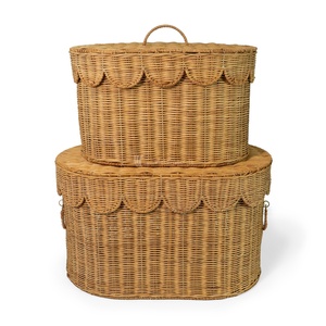 Scalloped Rattan Storage <b>Baskets</b>, Oval StackableHandle Rustic Multi Purpose Organizers For Storage Containers, Laundry <b>Basket</b> - Product Image 1