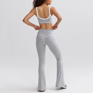 Leggings de yoga pour femmes à rayures taille haute avec logo de la jambe droite fermeture à la taille élastique pantalon en nylon Spandex 220g - Product Image 5