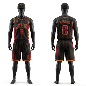 Ensemble de maillot et short de basketball pour homme en polyester mesh GSM premium, noir et rouge à rayures fines, avec logo personnalisé par transfert thermique. - Product Image 1