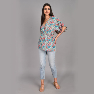 Vestido túnica de seda con estampado floral de verano multicolor tejido cubrir corto con estilo Sari - Product Image 2