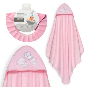 Ensemble de serviettes de bain 1X1 MT. Mod Elefante-Globos + Chapeau Hypoallergénique en Coton Rose pour Nouveau-né Motif Dessin Animé pour Usage Domestique Salle de Bain - Product Image 1