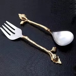 Brass Leaves Design Handle Stainless Steel Salad Server Set Silver And <b>Gold</b> <b>Serving</b> <b>Spoon</b> & Fork For Dining Table Use - Product Image 1