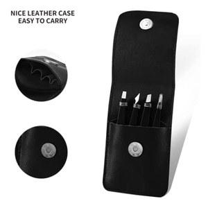 Customized 4 Piece Eyebrow Tweezers Set Black Color Coated Eyebrow Tweezers <b>Kit</b> With Leather Pouch For Home & Salon Uses - Product Image 2
