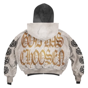Ensemble survêtement unisexe personnalisé, streetwear d'hiver, surdimensionné, vintage, délavé à l'acide, avec strass, en coton et polyester lourd, 2 pièces - Product Image 3