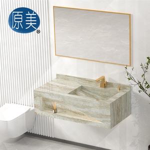 Iluminación LED Nicho Pizarra Gabinete de <span class=keywords><strong>lavabo</strong></span> integrado Mármol Superficie sólida Fregadero de piedra sinterizada Tocador de baño con espejo enmarcado - Product Image 2