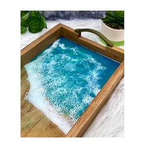 Plateau de service moderne rond en bois et résine époxy avec bords naturels Poignée décorative pour la maison, hôtel, organisateur de petit-déjeuner à longue surface - Product Image 3