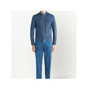 Veste de course d'hiver pour homme 2025, style haut de gamme, bleu, personnalisée, manches longues, fermeture éclair sur le devant, poches, col montant, cuir véritable durable, patchwork - Product Image 4