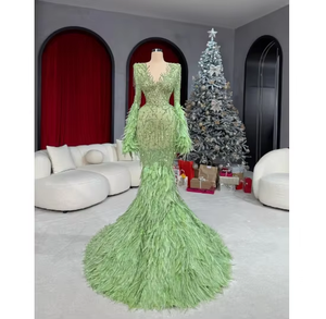 Robe de soirée pour femmes en tissu de qualité supérieure, silhouette sirène tendance, perles, dentelle, longueur au sol, respirante, en maille - Product Image 4