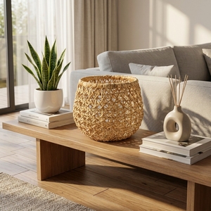Panier rond en écorce de bananier tressé à la main, motif étoile ajouré, pour rangement, pot de fleurs ou décoration, design artistique pur - Product Image 4