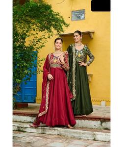 Indian and Pakistani Style Vichitra <b>Silk</b> Material Anarkali Gowns for Wedding and Festival Wear Heavy Work Salwar Kameez Suit - Product Image 1