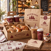 Ensemble d'emballages personnalisés pour boulangerie AT PACK avec sacs en papier, boîtes à gâteaux, gobelets à café, porte-boissons, papier d'emballage et serviettes pour café