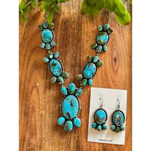 Paul Livingston Natural Birds Eye Kingman Turquoise & Sterling <b>Silver</b> Cluster <b>Necklace</b> <b>Set</b> - Product Image 1