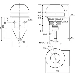 Lumière indicatrice LED Di-Soric SBP-FK-R50D-1S-2M, 24V DC, IP65, dôme en plastique, vert/rouge/blanc, borne à vis, durable, industrielle - Product Image 2
