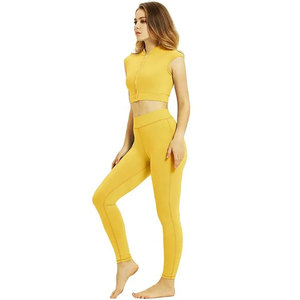 <b>Women's</b> Yellow Gym Workout Suits with Zipper Plain Yoga Suit & Customizable Logo Solid <b>Pattern</b> for Adults - Product Image 6