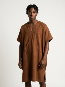 ชุดผ้าลินินสีน้ำตาลสไตล์มินิมอลแบบดั้งเดิมสำหรับผู้ชายชาวแอฟริกัน ทรงหลวม ระบายอากาศได้ดี เป็นมิตรกับสิ่งแวดล้อม พร้อมลายปักแบบชาติพันธุ์ - Product Image 2