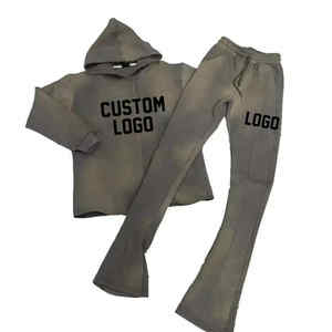 Trendy Unisex Vintage Printed Full Flare Zip Hoodie Pants Tracksuit Acid Washed 100% Organic Cotton Distress <b>Applique</b> Embroidery - Product Image 1