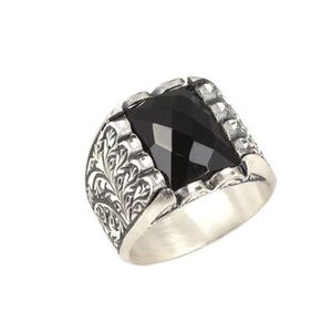 Handcrafted Vintage 925 Sterling Silver Men's <b>Ring</b> Faceted Onyx Bezel Setting Coral Pen-Shaped Design for Wedding Engagement - Product Image 2