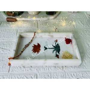 Plaque de conception florale en laiton en marbre fait à la main artisanat en pierre attrayante naturelle pour les festivals de Raksha Bandhan - Product Image 6