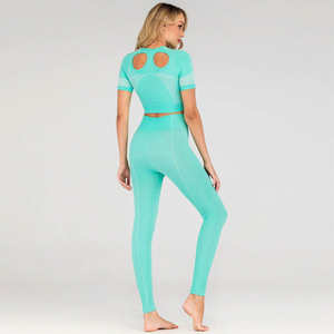 Women's Eco-Friendly Seamless High Waist Yoga Set-2-Piece Comfortable Stylish Activewear Short Sleeve <b>Crop</b> Top Ribbed <b>Leggings</b> - Product Image 3