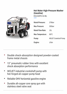 Nettoyeur haute pression à eau chaude 4000 PSI 4,0 GPM Diesel/Gaz 15 CV Pompe triplex WOJET Démarrage électrique sur roues mobiles - Product Image 3
