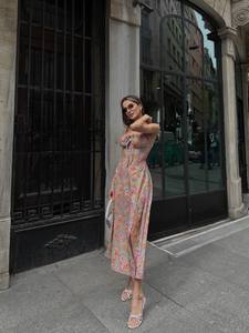 Elegante Vestido Midi Casual Recto con Estampado Floral y Tirantes Ajustables en los Hombros, Tela Satén Ligera para Uso Diario o en la Playa - Product Image 4