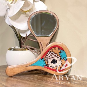 Espejo de mano de cuero genuino pintado a mano, cubierta occidental de maquillaje de tarjeta, espejo de mano, diseño Vintage, regalo perfecto para esposa - Product Image 1