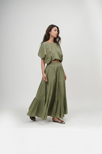 100% coton décontracté Boho Tier jupe avec poches et col bateau haut court confortable coupe ample jupe longue et ensemble haut - Product Image 6