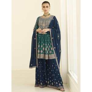 Ensemble de palazzo prêt-à-porter pour femmes en georgette vert sarcelle brodé, magnifique - Product Image 6