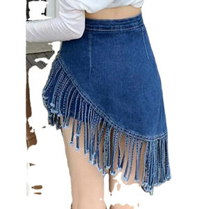 Dark Blue Medium <b>Length</b> A-Line Hem Trimmed <b>Denim</b> <b>Skirt</b> Sale Wholesale For Girls Women Lady - Product Image 4