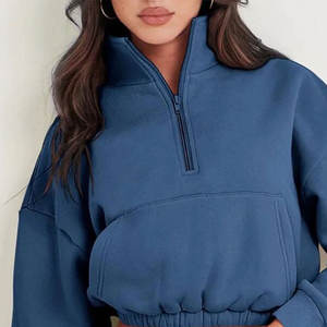 Sudadera con capucha recortada con cremallera de cuarto suave transpirable sostenible para mujer Sudadera con cremallera corta de cuello alto Elegante estilo callejero frontal - Product Image 2