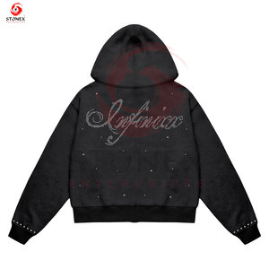 Streetwear personnalisé coton lourd brodé strass Logo recadrée fermeture éclair à capuche hommes surdimensionné bouffée impression Vintage - Product Image 6