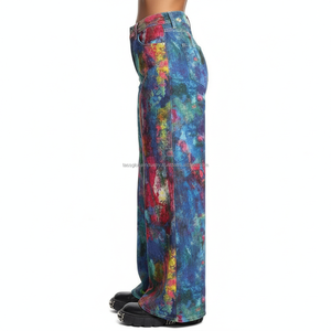 Jean en denim à jambe large avec imprimé graffiti personnalisé, pantalon baggy en coton épais de haute qualité, nouveau denim coloré effet éclaboussures tendance - Product Image 3