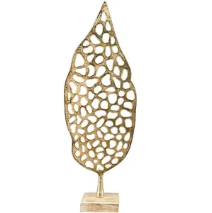 Escultura decorativa de hoja de aluminio dorado con Base de madera, ornamento de regalo de boda, soporte de encimera de mesa de oficina, diseño moderno